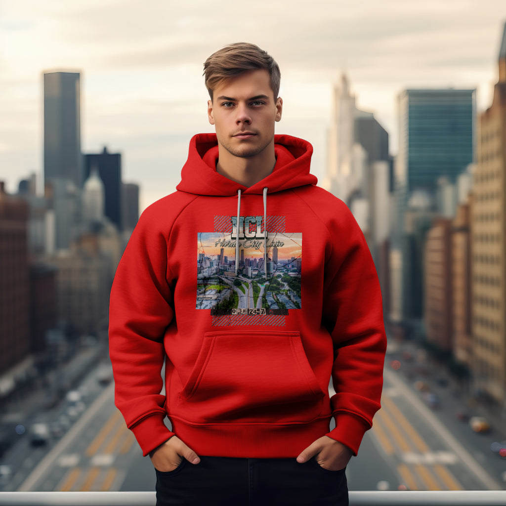 SPECIAL EDITION VINTAGE TWILL HARDA CITY LIVIN OPEN 24/7 HOODIE - FIRE RED